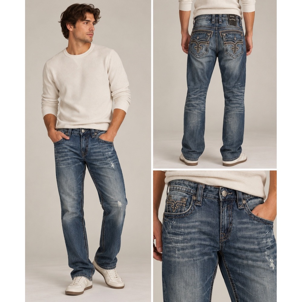 Rock Revival Victor Straight Men 32 Blue Distressed RJ8669 Rocker Western Y2K